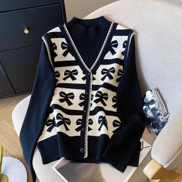 Women's Clothing Two Piece Jacquard Sweater Large Size Contrast Color Knitted Sweater Tops For Women Autumn And Winter New Jacquard Bottoming Shirt_ecoleips.com