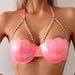 Women's Solid Color Shell Swimsuit European American Style With Underwire Support Pearl Lace Up Bow Halter Neck Swimwear_ecoleips.com