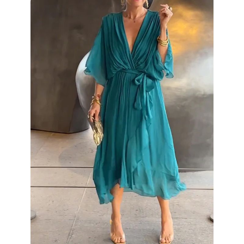 Women's Solid Color Tie Waist Long Dress American Style Plus Size Batwing Sleeve Irregular Dress New_ecoleips.com