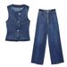 Women's Clothing Solid Color Round Neck Sleeveless Denim Vest Waistcoat Belt Straight Slim Jeans_ecoleips.com
