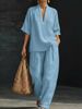 Women's Summer Casual Fashion Linen Two Piece Set V Neck Short Sleeved Wide Leg Pants European And American Style Cross Border E Commerce 2026_ecoleips.com