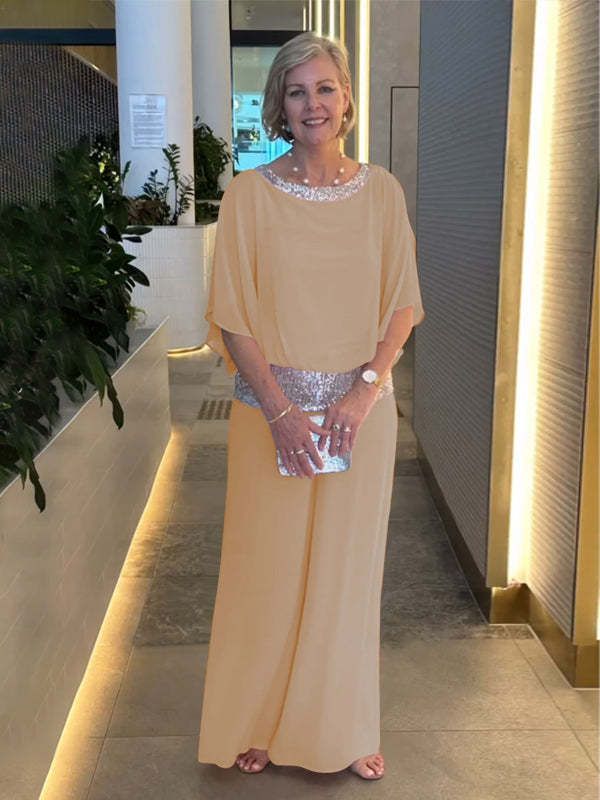 Women's Clothing Women's Solid Color Bat Shirt Wide Leg Pants Suit Round Neck Sequined Color Matching For Formal & Casual For Women_ecoleips.com