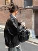 Brown Leather For Women, Hong Kong Style 2024 New Autumn High-end Loose American Retro Biker Jacket_ecoleips.com