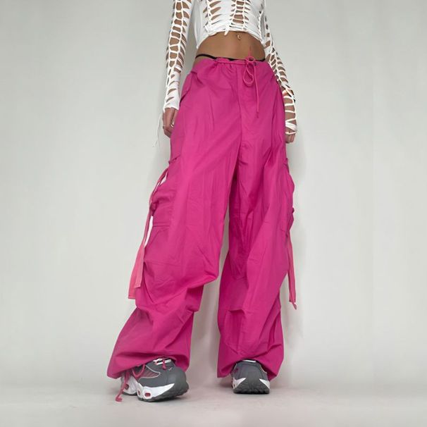 Women's Clothing Street Hip Hop Pink Woven Pants For Women Loose Drawstring Waist Ribbon Design Cuffed Jazz Dance Trousers Trend_ecoleips.com
