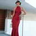 Women's Satin Halter Neck Maxi Dress – High-Waisted Backless Evening Gown With Slit, Stretch Polyester For Clubwear & Vacation (Red/Black)_ecoleips.com