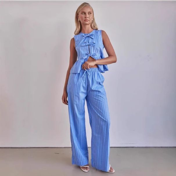 Women's Clothing Women's Striped Suit Round Neck Sleeveless Top Women's Waist Trousers Women's Suit_ecoleips.com