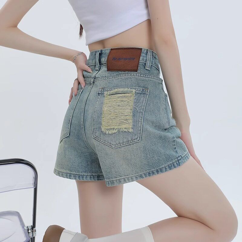 Retro High Waist Ripped A-Line Denim Shorts for Women Summer Style Thin Loose Slimming Light Color plus Size Hot Pants for Chubby Girls_ecoleips.com