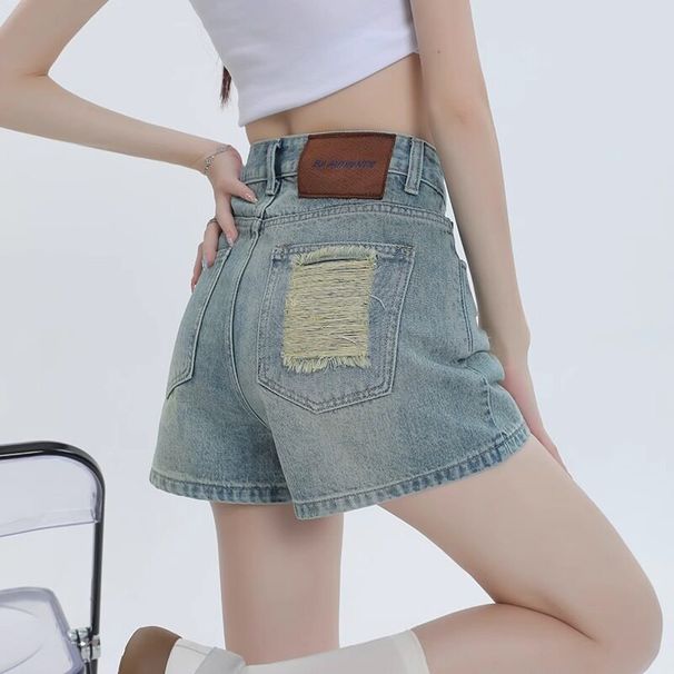 Retro High Waist Ripped A-Line Denim Shorts for Women Summer Style Thin Loose Slimming Light Color plus Size Hot Pants for Chubby Girls_ecoleips.com