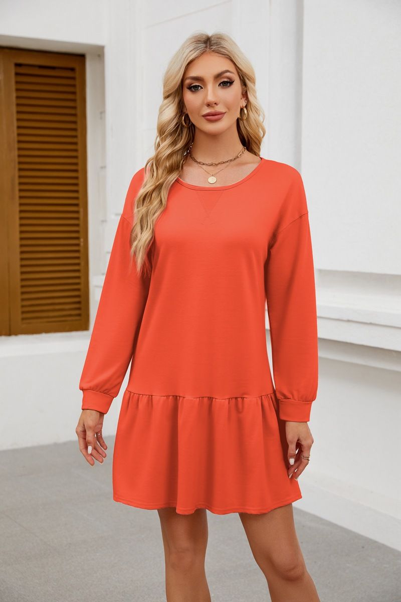 Women's Clothing Neckline Cross Round Neck Long Sleeved Casual Sweater Dress_ecoleips.com
