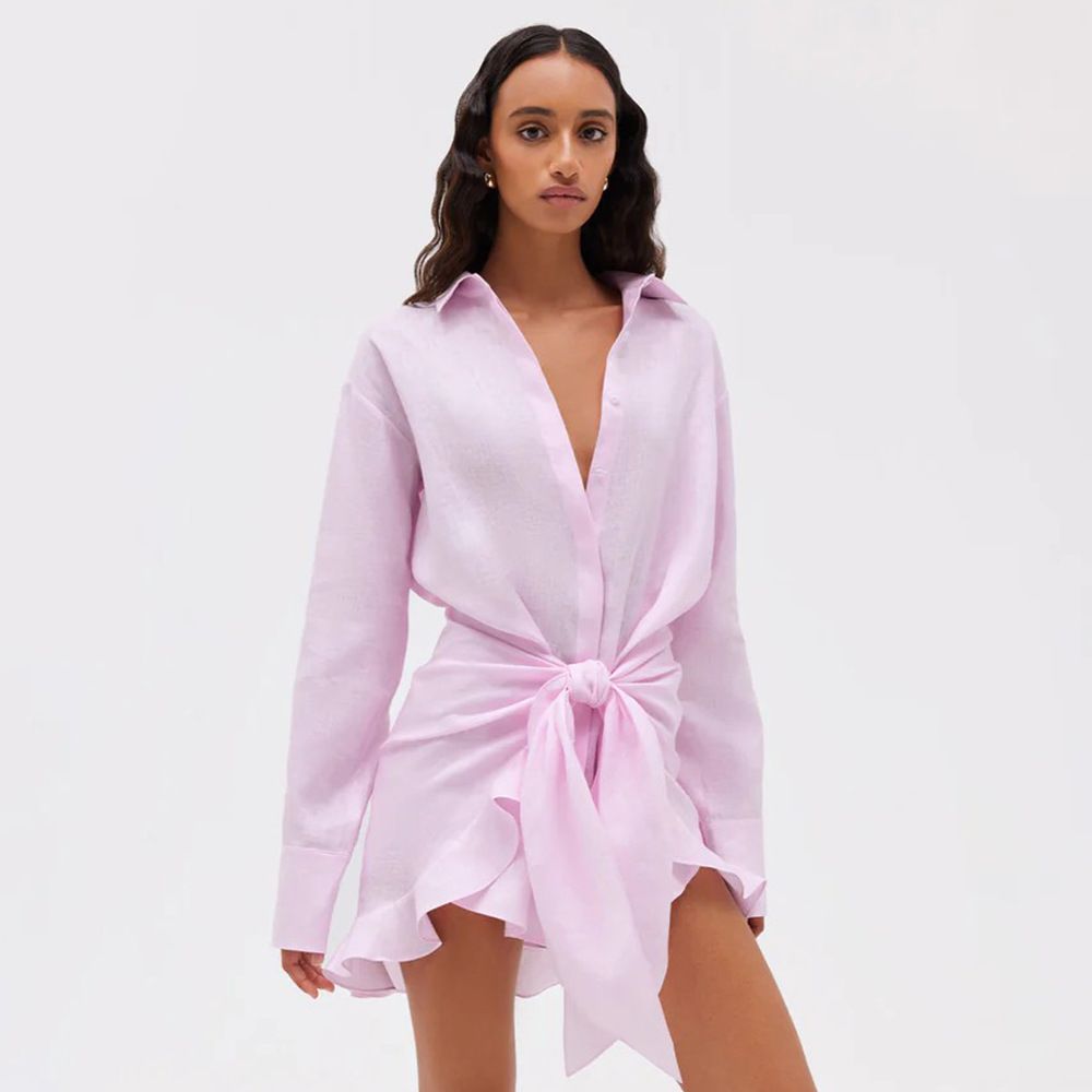 Women's Solid Color Shirt Dress European American Style Summer New Lazy Vacation Ready Tie up Collar Bodycon_ecoleips.com