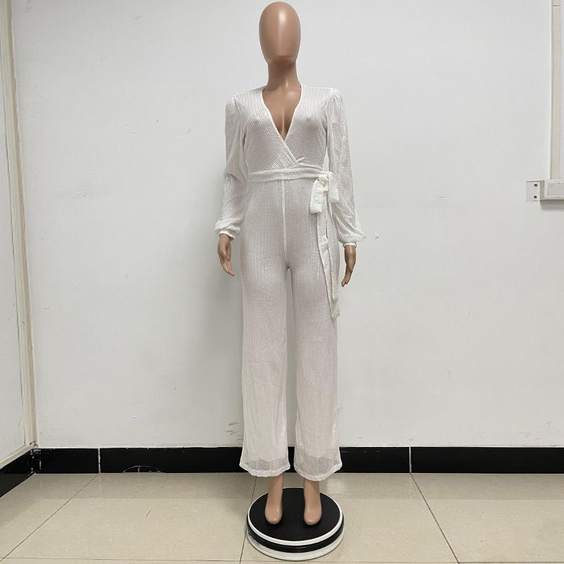 K Deep V Fashion Leisure Overalls Long Sleeves With Belt Sequin Overalls Women's Clothing_ecoleips.com