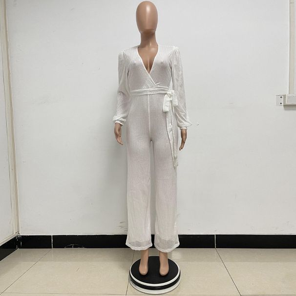 K Deep V Fashion Leisure Overalls Long Sleeves With Belt Sequin Overalls Women's Clothing_ecoleips.com