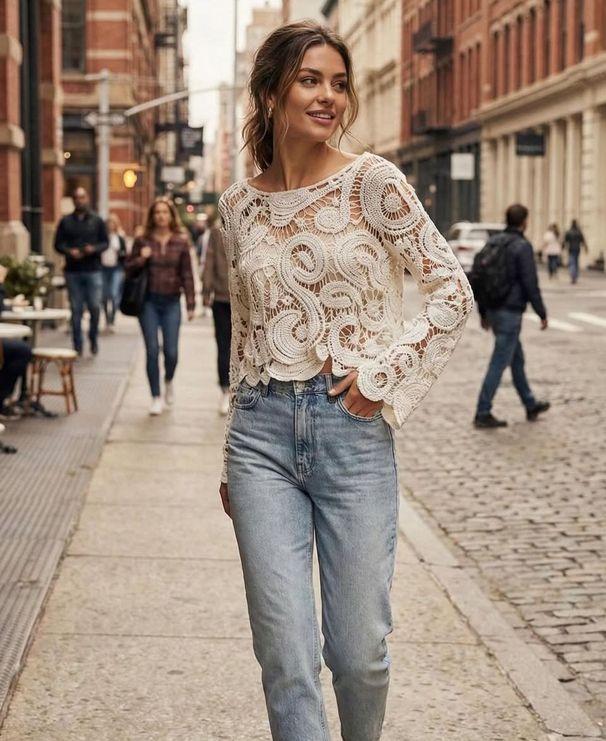 Crochet Knit Lace Top Women's Long Sleeve – Boho Chic Loose Fit Y2K Short Crop Blouse (White/Beige, S-L)_ecoleips.com