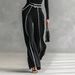 Autumn Winter Two Piece Set Women's Elegant Stand Up Collar Long Sleeve Knit Top Wide Leg Pants Contrast Color Slimming Waist_ecoleips.com