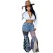 "Houndstooth Stitched Trumpet Denim Pants - Ruffled Hem & Vintage Flare (Light Blue/Dark Blue/Black, S-3XL)"_ecoleips.com