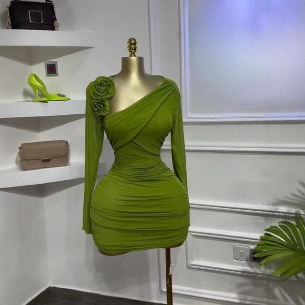 Women's Asymmetrical Neckline Short Dress With Long Sleeves Elegant Slimming Pleated Design American Style Floral INS_ecoleips.com