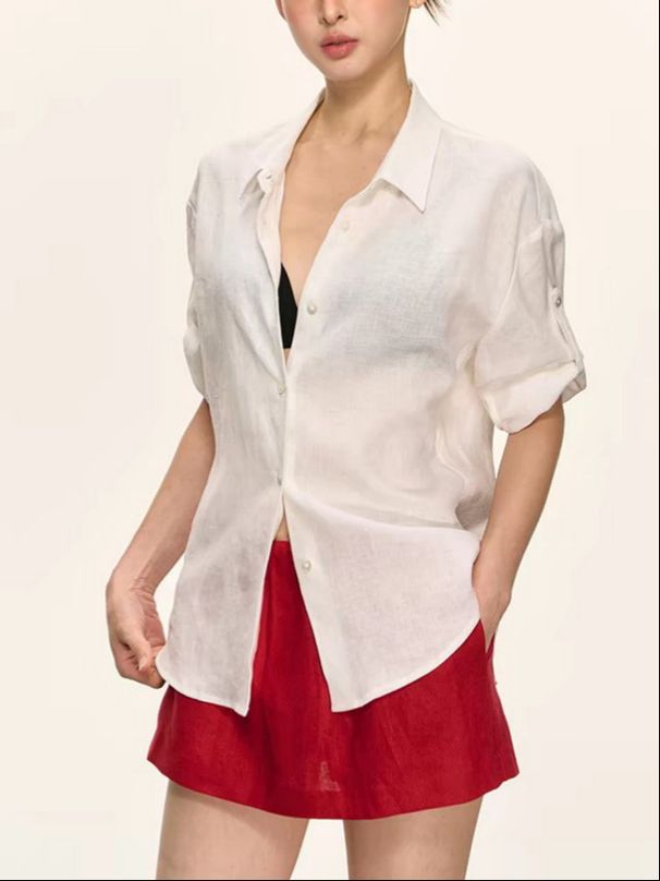 Women's Summer Linen Short-sleeve Shirt Top, French Style, High-end, Loose, White, Trendy Blouse_ecoleips.com