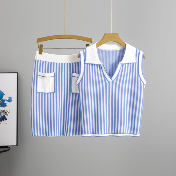 Women's Clothing College Style Suit Waist Slimming Skirt Striped Shirt Vest Summer High Waist Short Skirt Fashionable Two Piece Suit_ecoleips.com