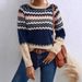 Classic Striped Knit Sweater For Women - Soft Round Neck Pullover With Color Block Design (Navy Blue)_ecoleips.com