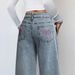 Women's High Waist Wide Leg Jeans With Pink Bow Embroidery - Comfortable Stretch Denim Pants For Casual Streetwear_ecoleips.com