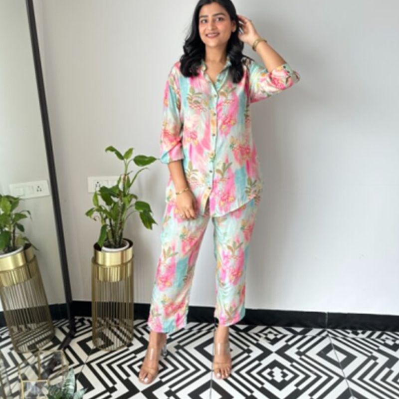 Women's Clothing Casual Fashion Glossy Satin Floral Printed Women's Two-Piece Set_ecoleips.com