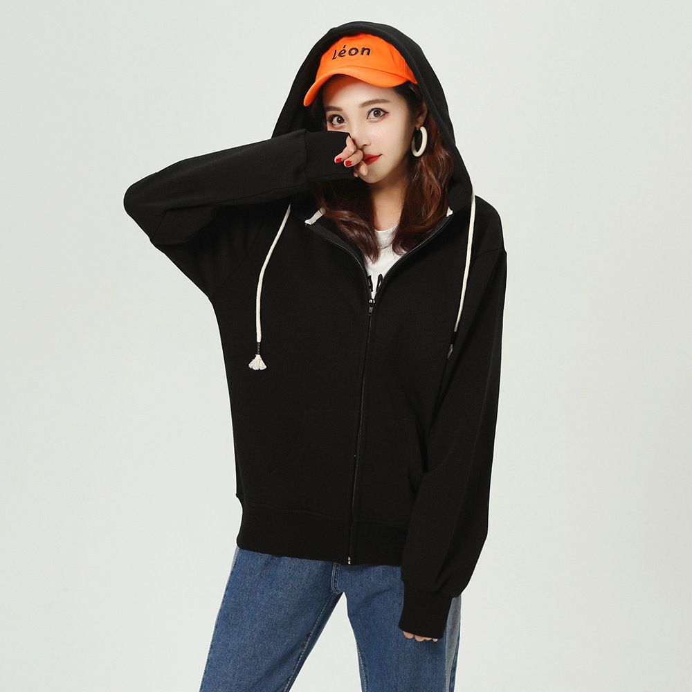 Spring And Autumn Chic Black Jacket For Women Loose Zipper Cardigan Casual Sports Top Solid Color Hooded Sweatshirt_ecoleips.com
