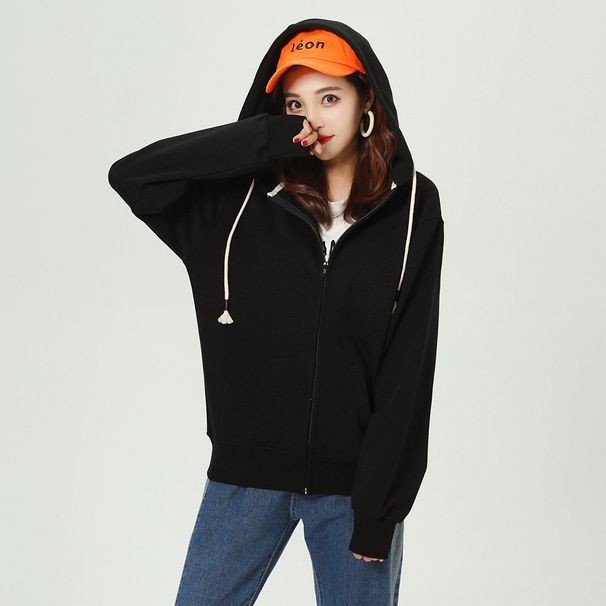 Spring And Autumn Chic Black Jacket For Women Loose Zipper Cardigan Casual Sports Top Solid Color Hooded Sweatshirt_ecoleips.com