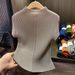 Women's Clothing Stand Up Collar Solid Color Dragon Scale Pleated Top High End Versatile Slimming Short Sleeved T Shirt_ecoleips.com