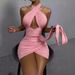 Sensual Crisscross Halter Bodycon Mini Dress With Ruffled High Waist For A Chic & Form-Fitting Look Flattering Neckline & Back_ecoleips.com