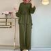 H730 Muslim Women's Solid Color Drawstring Tie Two-Piece Set Round Neck Top Wide-Leg Pants Elegant Ladies Suit_ecoleips.com