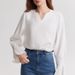 White High-end Bell-sleeve V-neck Sweatshirt For Women, 2024 Autumn New Style, Loose And Simple, Elegant Top_ecoleips.com