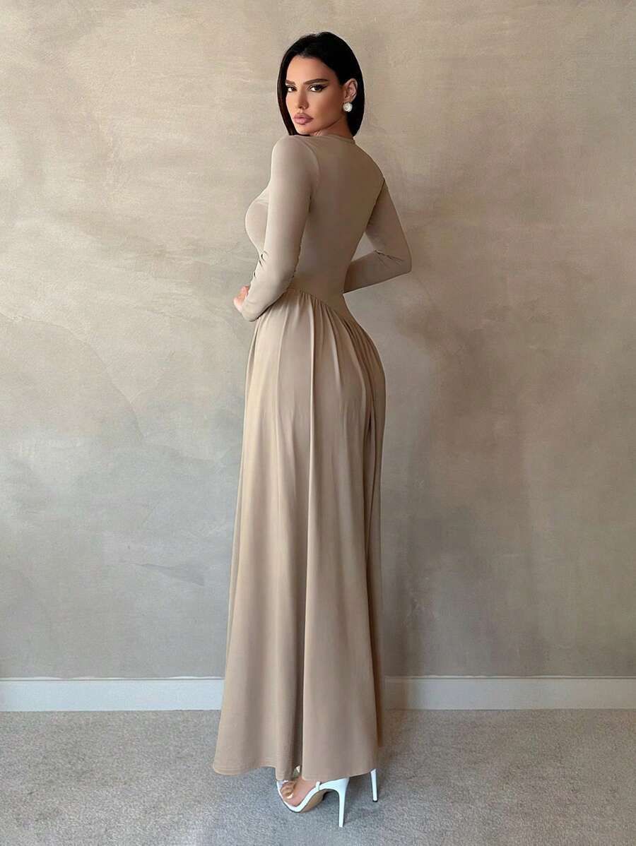 Women's Autumn/Winter Patchwork Dress Double Fabric Round Neck Long Sleeve Slim Fit Asymmetrical Full Swing Solid Color_ecoleips.com