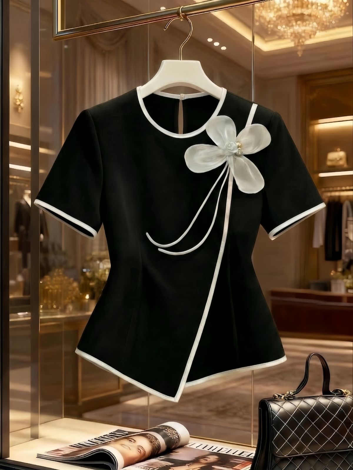 Women's Clothing Black And White Color Block 3D Floral Slim Fit Short Sleeve Top Versatile Women's For Formal & Casual For Women_ecoleips.com