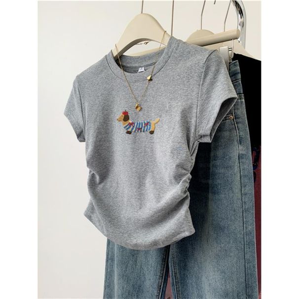 Grey Puppy Themed Short Sleeve T-Shirt for Women Slim Fit Summer Design Casual Short Style Top_ecoleips.com