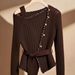 Women's Asymmetrical Off-Shoulder Sweater – Chic Ribbed Knit Top With Waist Definition (Long Sleeve, Polyester Blend, S-XL, Coffee Brown)_ecoleips.com