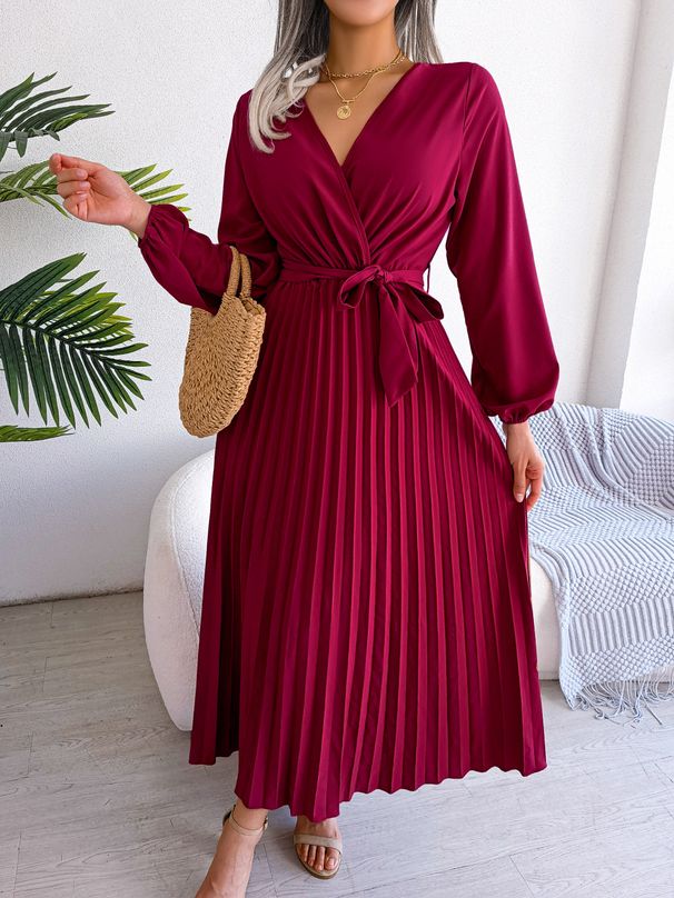 Bestseller Real Shot 2026 European And American Spring-summer Elegant Cross V-neck Large Hem Pleated Long Skirt_ecoleips.com
