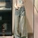 American Retro Yellow Mud-colored Jeans For Women, Summer Distressed Loose Fit, Petite Floor-length Straight Wide-leg_ecoleips.com