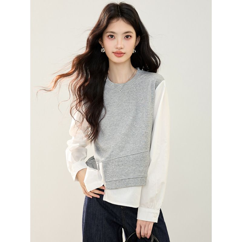 2025 Fall/Winter New Gray Simple Design High-End Round Neck Two-Piece Pullover Long Sleeve Sweatshirt For Women_ecoleips.com