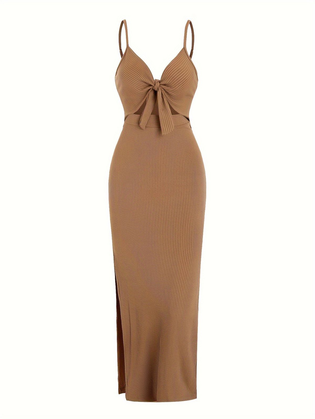 Women's Long V Neck Dress Slim Fit Backless Hollowed out Slit Tie up Summer Sexy Ins European American Cross Border Style_ecoleips.com