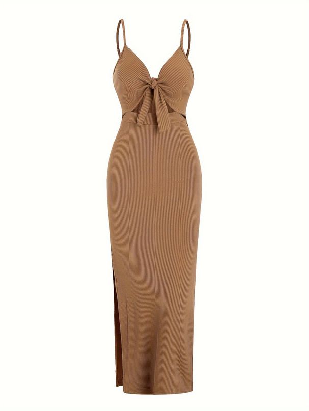 Women's Long V Neck Dress Slim Fit Backless Hollowed out Slit Tie up Summer Sexy Ins European American Cross Border Style_ecoleips.com