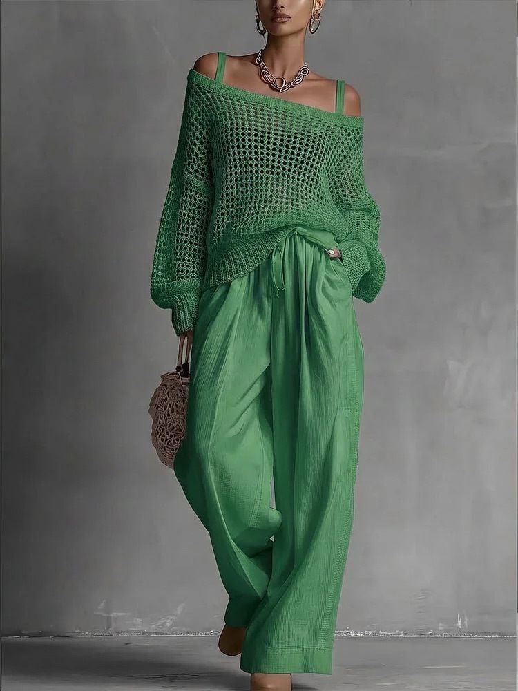 Women's Spring/Summer Two Piece Set Hollow Out Knit Top With Cotton Linen Pants Style_ecoleips.com