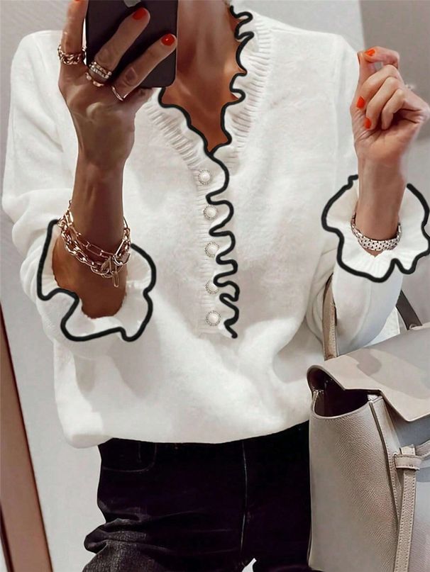 Women's Clothing Fashion Contrast Color Wood Ear Edge Pearl Button Long Sleeve V Neck Sweater Pullover_ecoleips.com