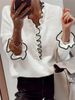 Women's Clothing Fashion Contrast Color Wood Ear Edge Pearl Button Long Sleeve V Neck Sweater Pullover_ecoleips.com