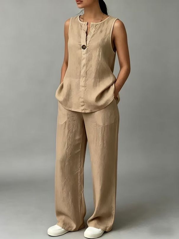 Women's Summer Cotton Linen Set Sleeveless Vest And Wide Leg Pants Two Piece Casual Fashion Mid Waist_ecoleips.com