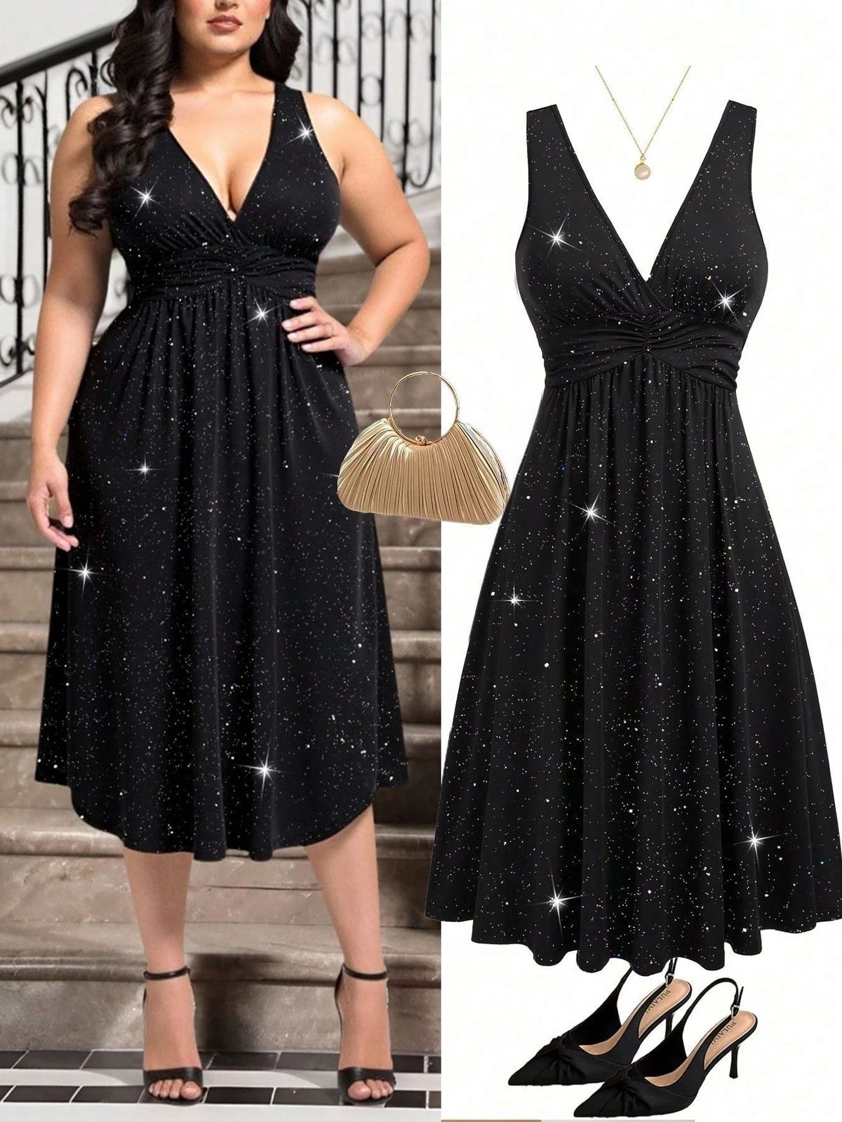 Women's Glitter V-Neck High-Waist Pleated Dress – Elegant Evening & Party Wear (S-5XL, Green/Burgundy/Black)_ecoleips.com