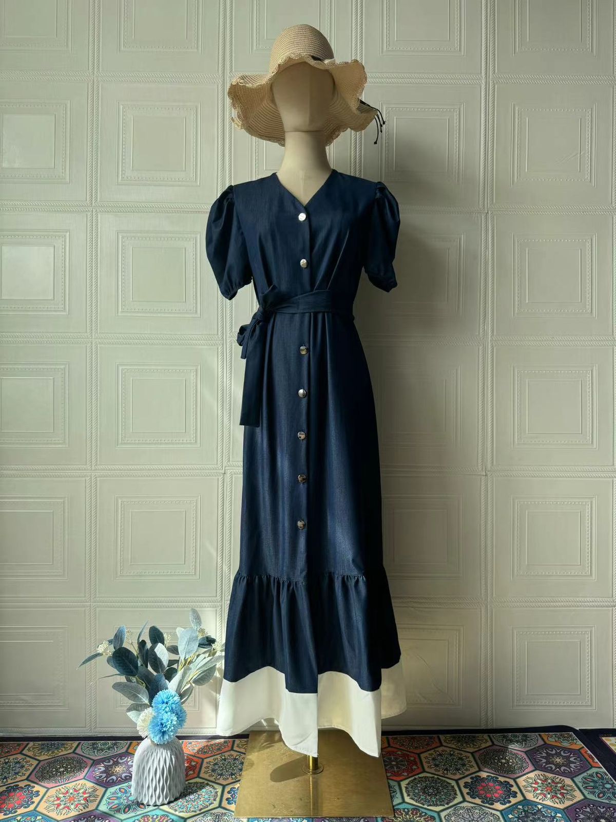 Women's Clothing Summer Retro Single Breasted Loose Casual Ruffled Short Sleeved Denim Dress_ecoleips.com