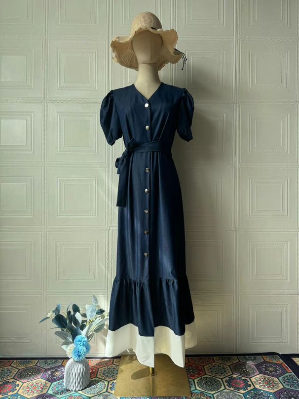Women's Clothing Summer Retro Single Breasted Loose Casual Ruffled Short Sleeved Denim Dress_ecoleips.com