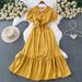 Women's French Style Sophisticated Layered Ruffle Sleeve V Neck Dress Summer Slimming Sweet Long Dress Pleated Waist_ecoleips.com
