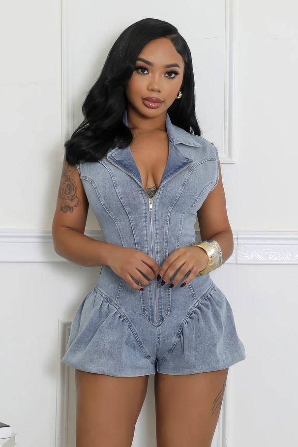 Trendy High-Waisted Denim Jumpsuit With Zipper Detail - Stretchy & Sexy Bubble Shorts For Women Stretchy & Breathable Fabric_ecoleips.com
