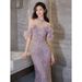 Women's Clothing Halter Neck New High End Light Luxury Niche Banquet Host Toast Dress Purple Fishtail_ecoleips.com